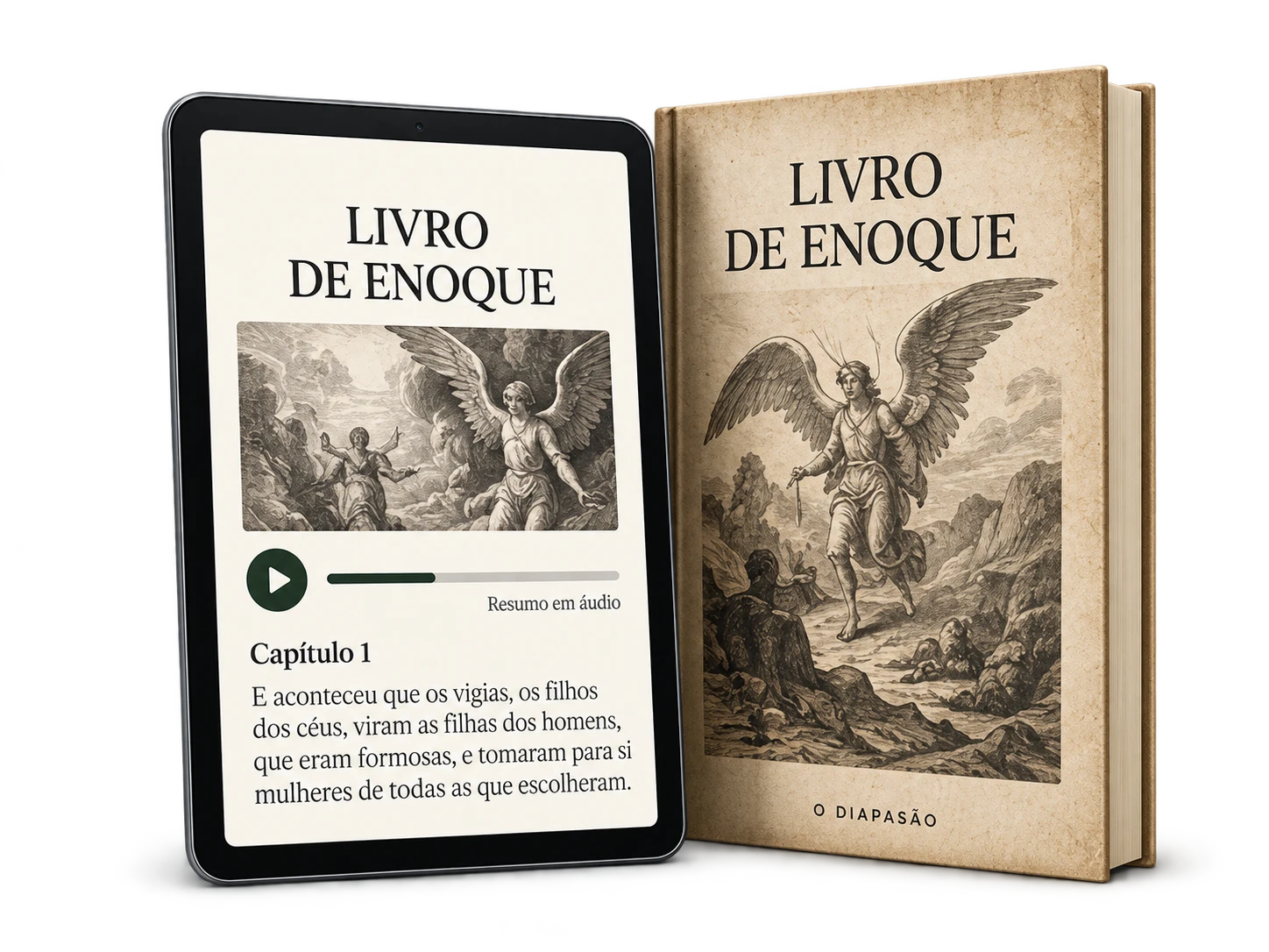 O Livro de Enoque aberto num tablet, com o resumo em áudio, ao lado do livro
